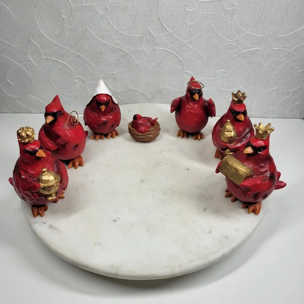 Slifka Cardinal Nativity 7 Pc Set Red Resin Christmas Birds Decor Folk Art